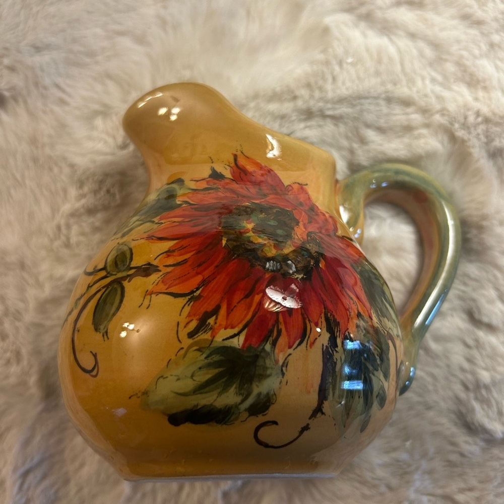 Small Ceramic Pitcher Golden Sunflower  Hand Painted Farmhouse